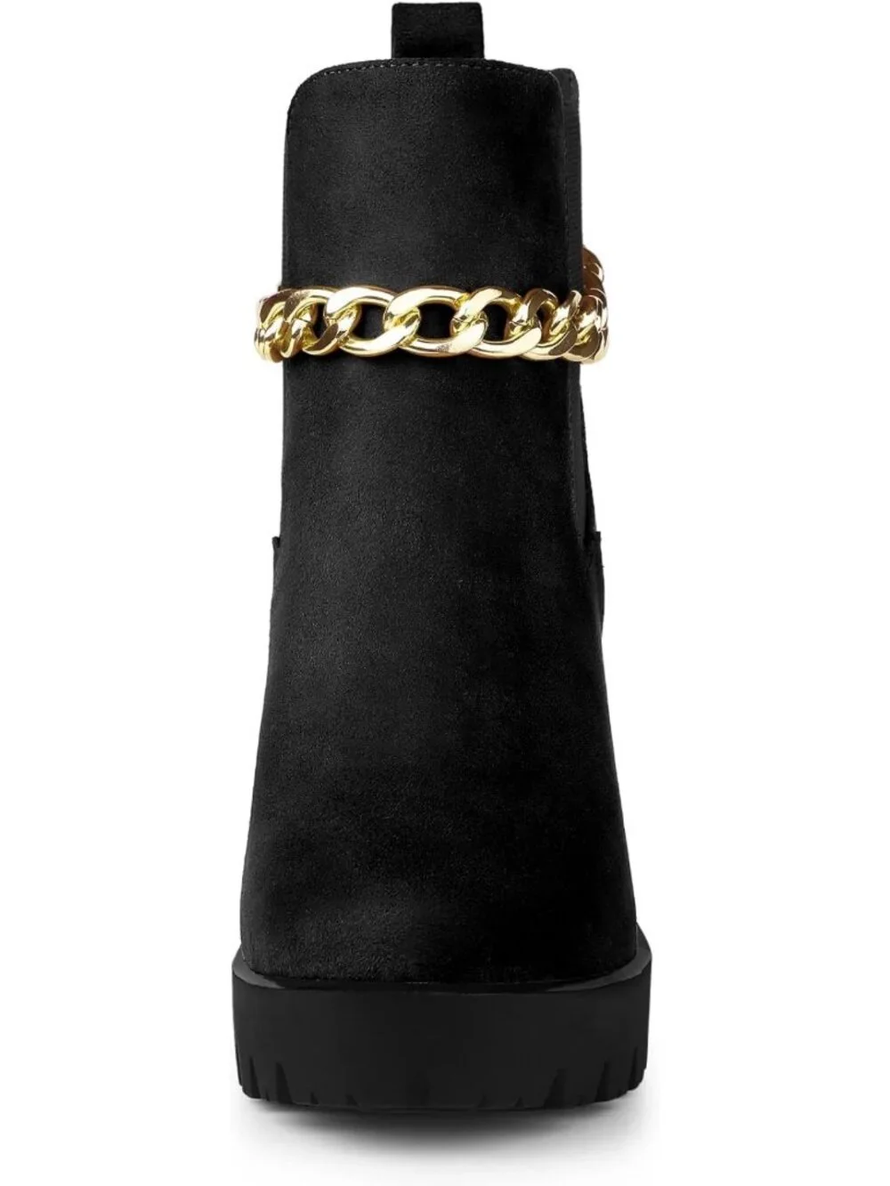 Stylish Chunky High Heel Chelsea Ankle Boots with Gold Chain Detail - Platform